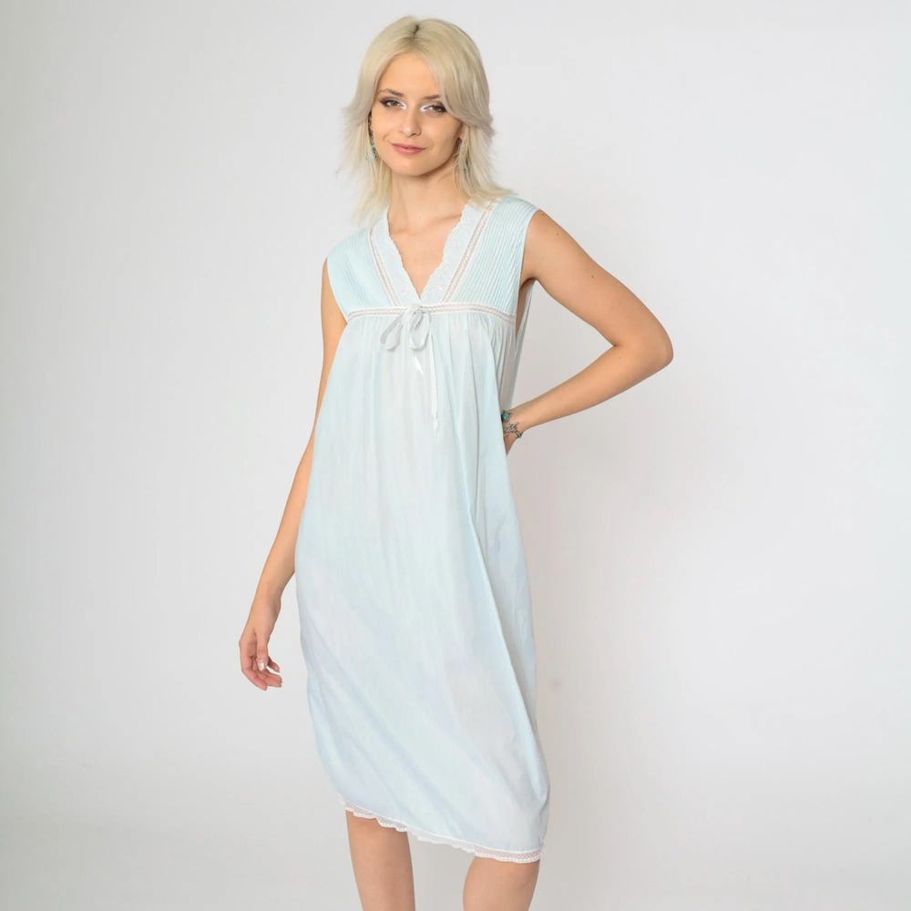 Vintage 80s Blue Nightgown Barbizon Midi Slip Dress Babydoll Nightie Lingerie M